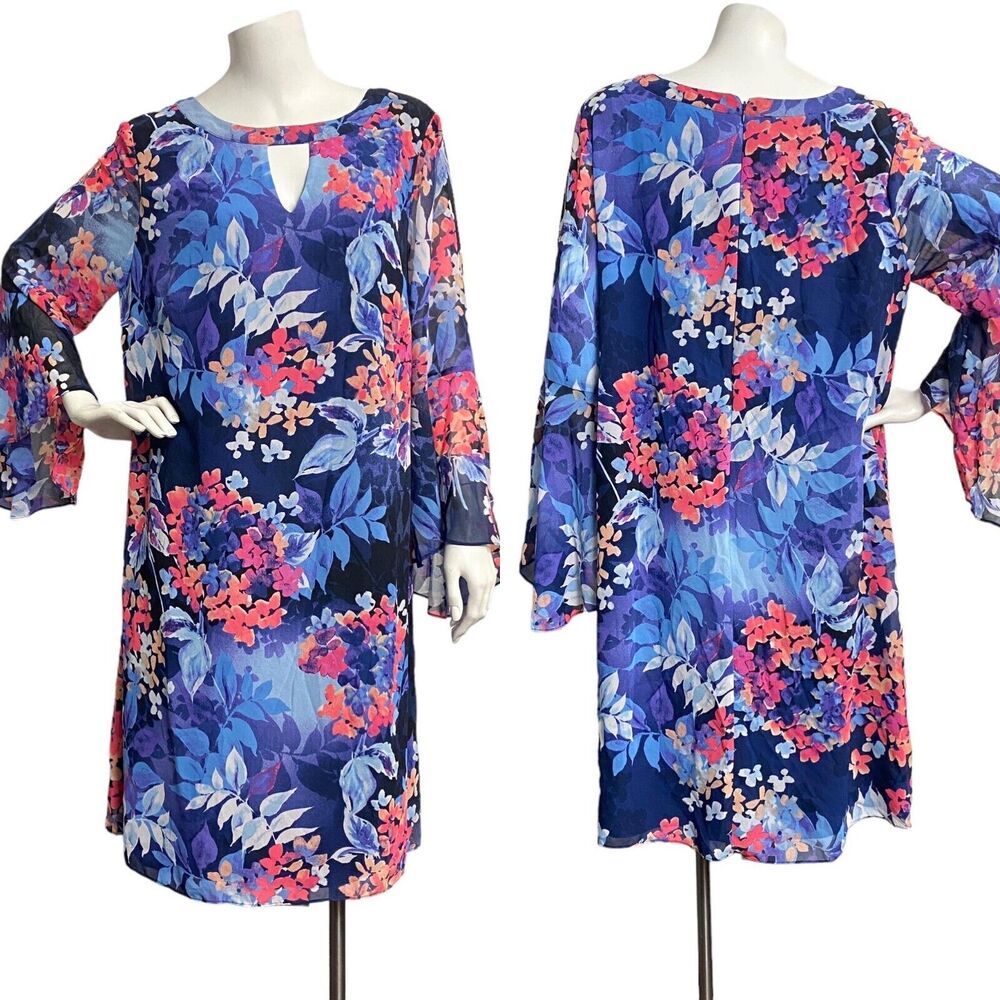 Roz & Ali Blue Floral Long Bell Sleeve Dress Women's Size 14 Cottagecore Aloha